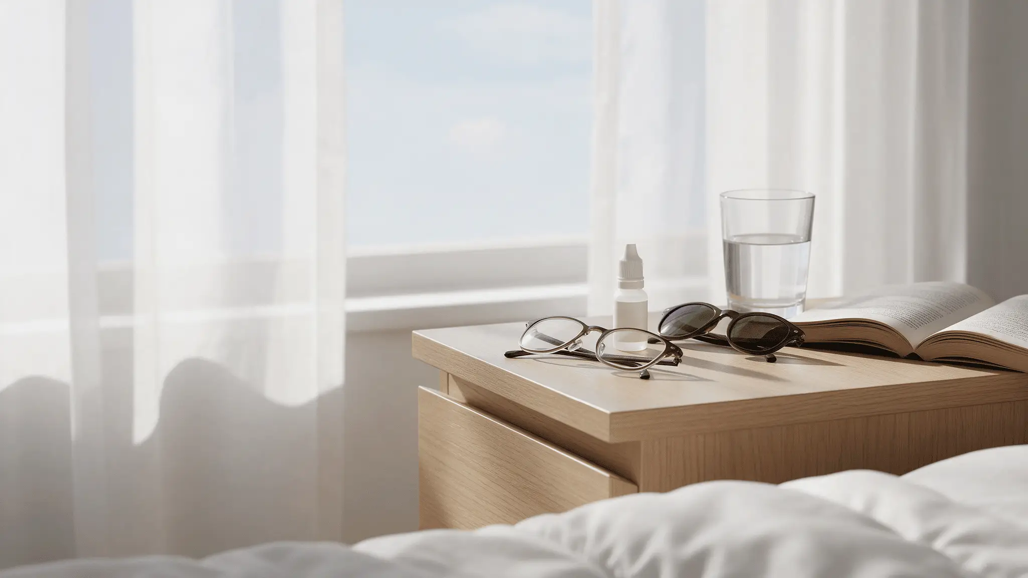Glasses, sunglasses and a bottle of eye drops on a bedside table in morning light