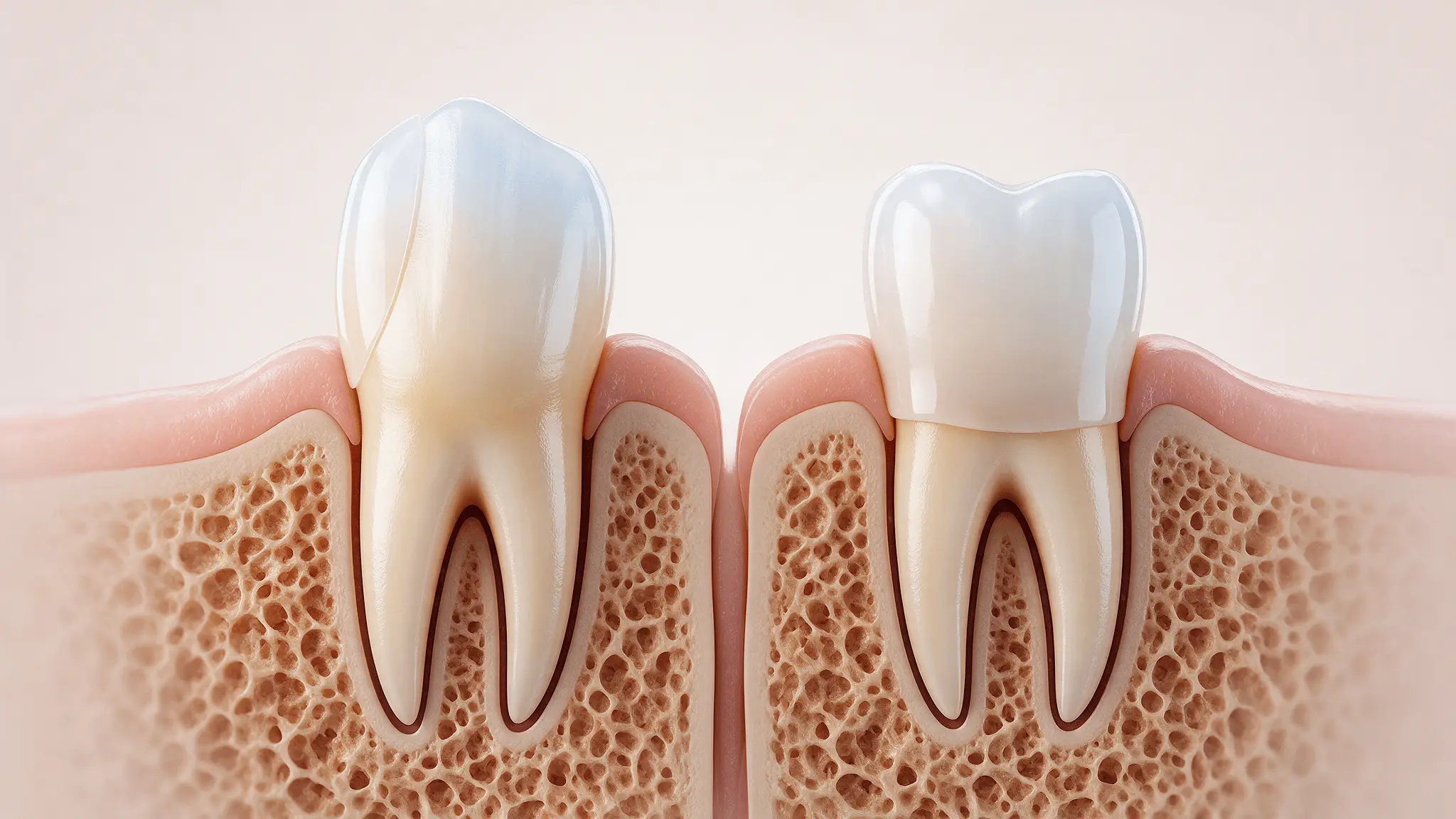 Illustration comparing a veneer bonded to the front of one tooth with a crown covering another