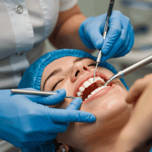Dentist performing dental bonding treatment on a patient’s teeth using dental instruments