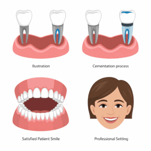 Diagram explaining the stages of dental crown application and cementation, with before and after visuals of a patient’s smile.